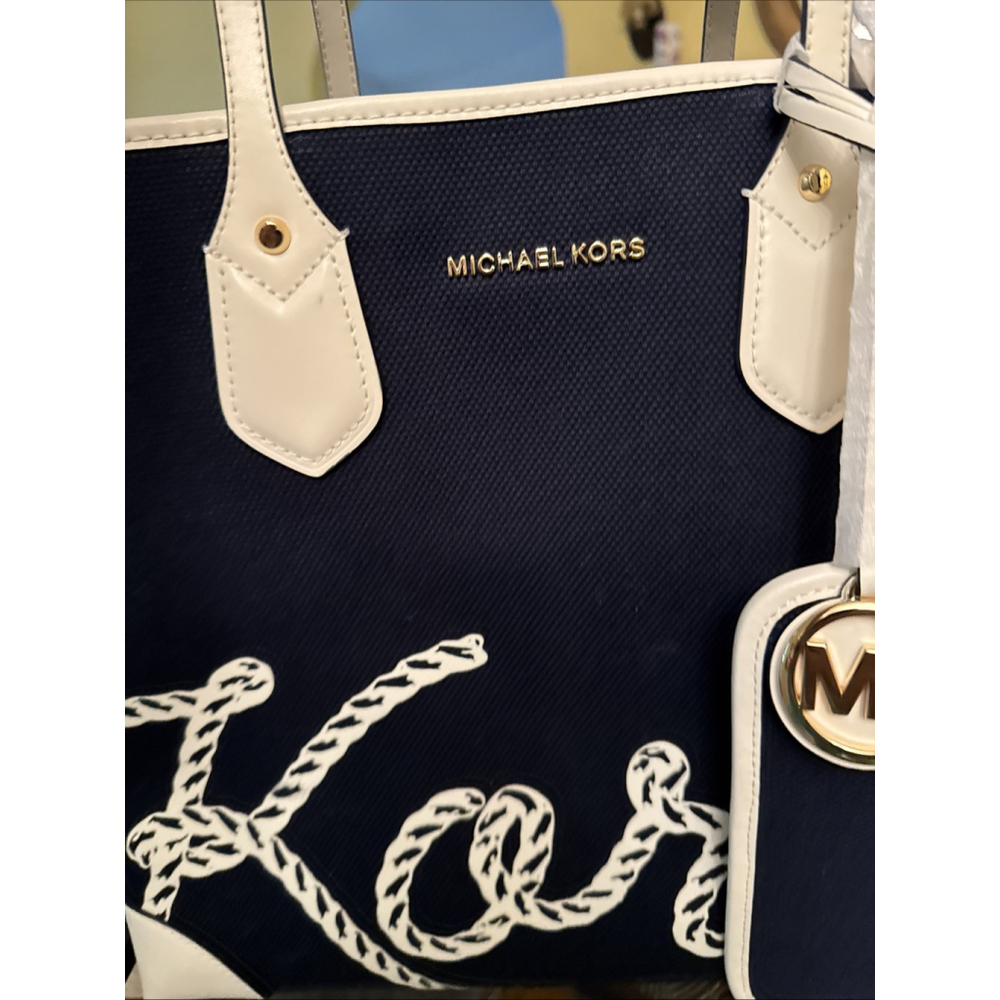 Michael Kors Eva Large Navy Tote w/ Matching Pouchette & Bag Charm - Picture 6 of 17